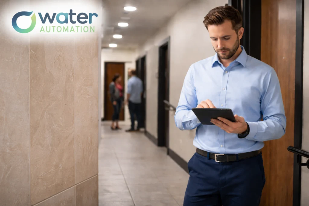 Property manager reviews tablet in hallway